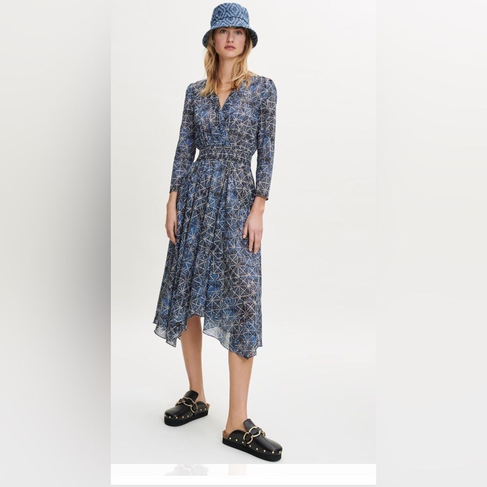 Maje Indigo Blue Asymmetrical Dress Rayemik print Size 42/ XL